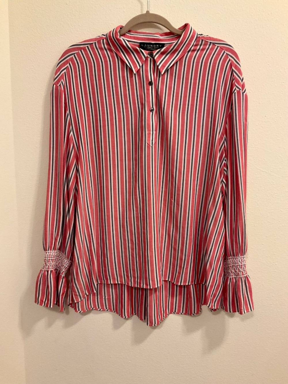 "Laundry" Red White & Blue Strip Blouse with Embroidery Sleeve Detail Size 1X
